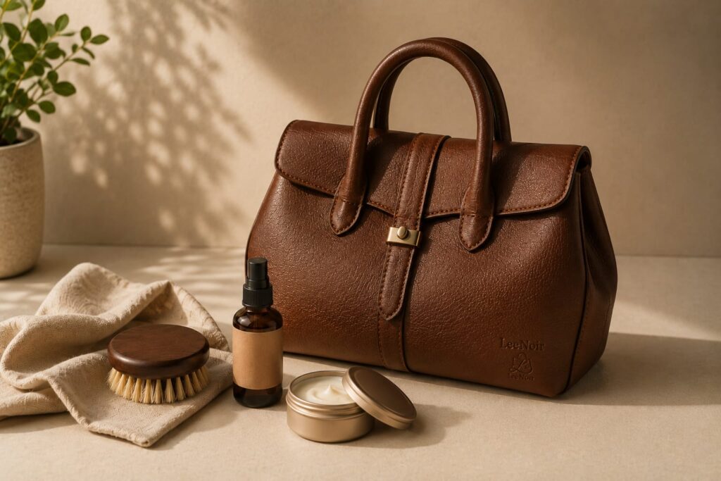 Brown leather handbag with a soft cloth and leather care accessories