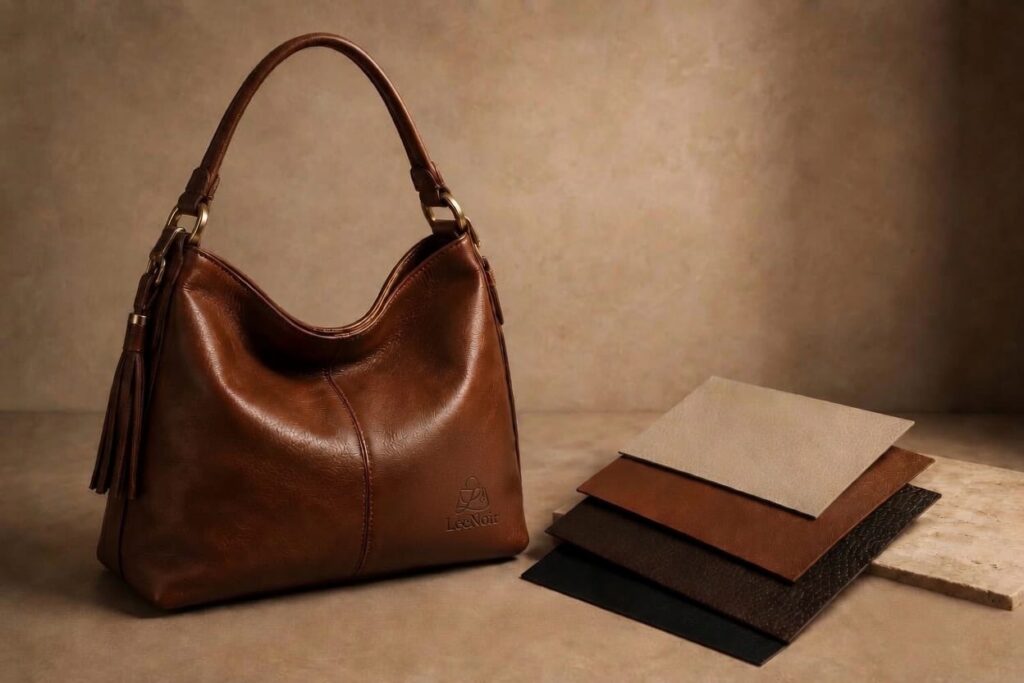 Genuine-brown-leather-handbag-displayed-beside-artificial-leather-material-samples.