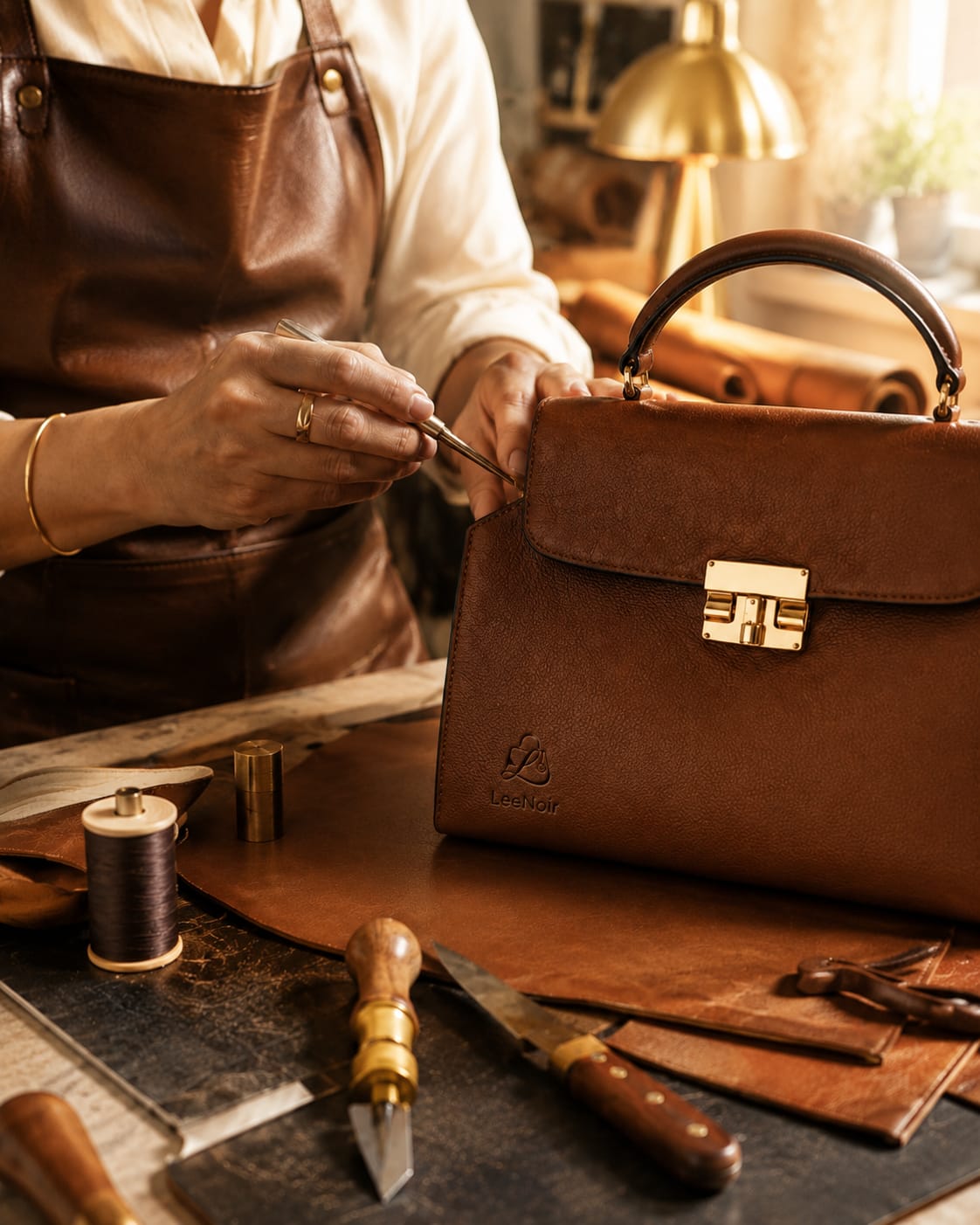 Brown structured leather handbag with gold clasp on satin fabric